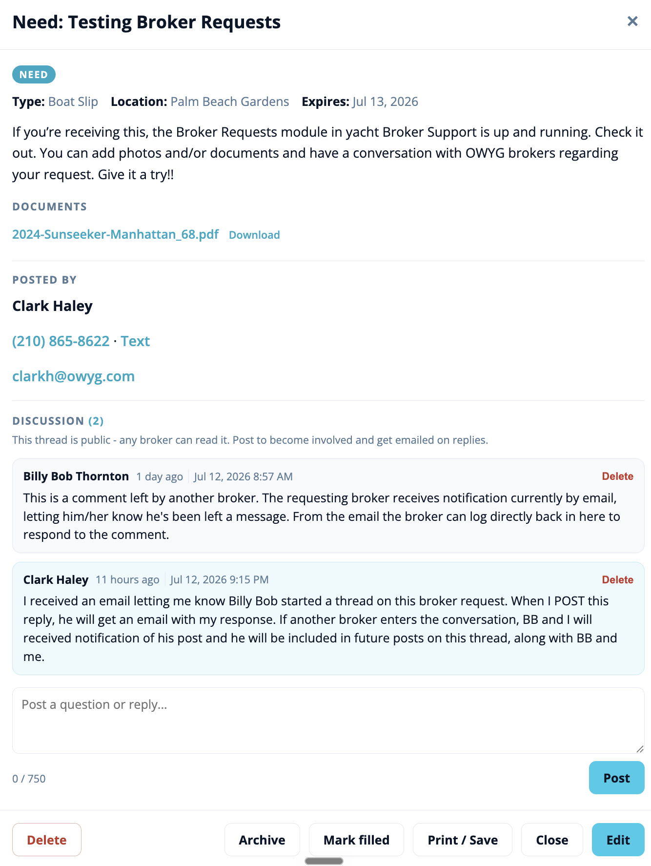 A request detail with its discussion thread
