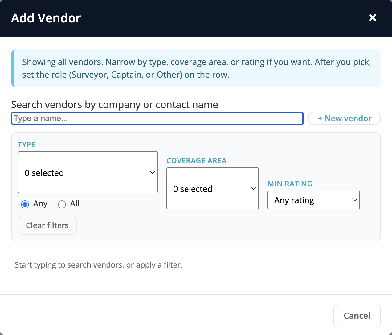 The Add Vendor picker