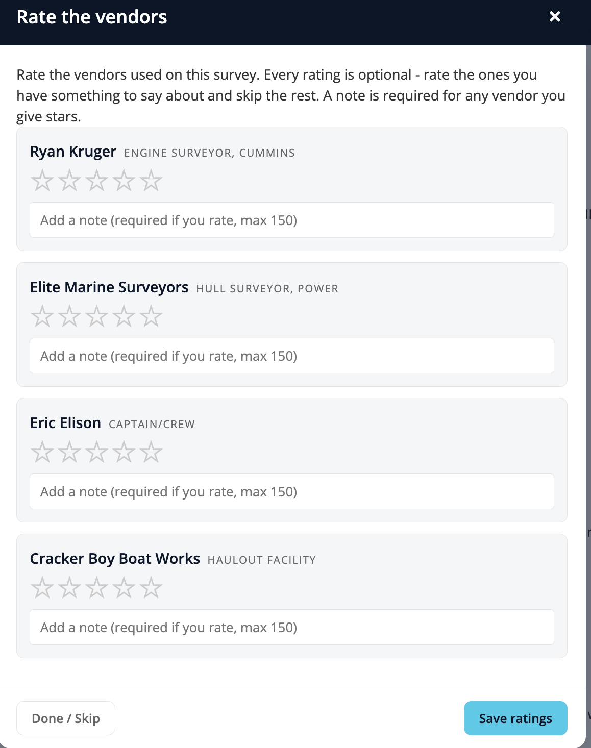 The Rate the vendors dialog