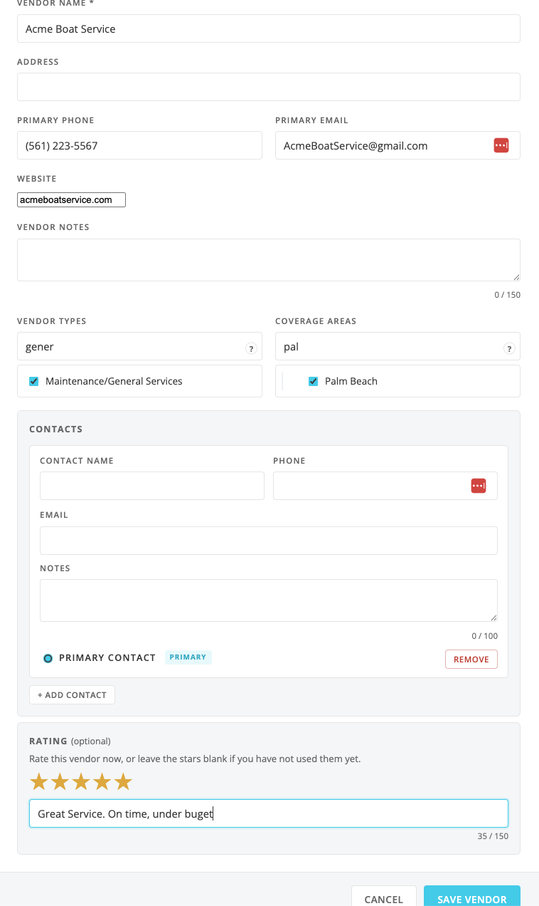 Optional rating section on the Add Vendor form