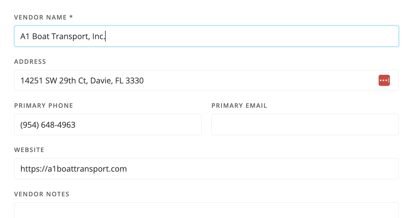 Add Vendor form Vendor Types and Coverage Areas pickers with their search boxes