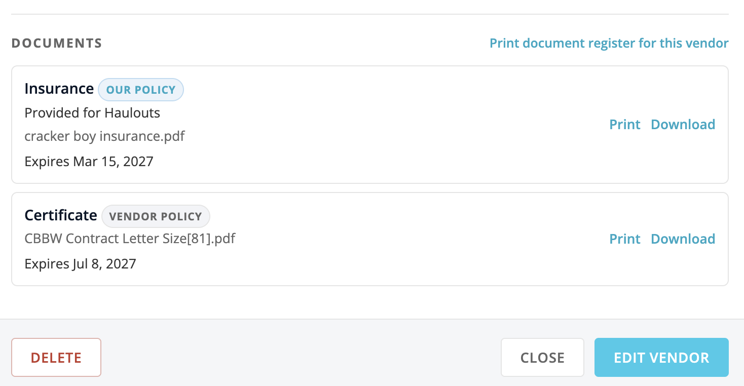 Documents section on a vendor