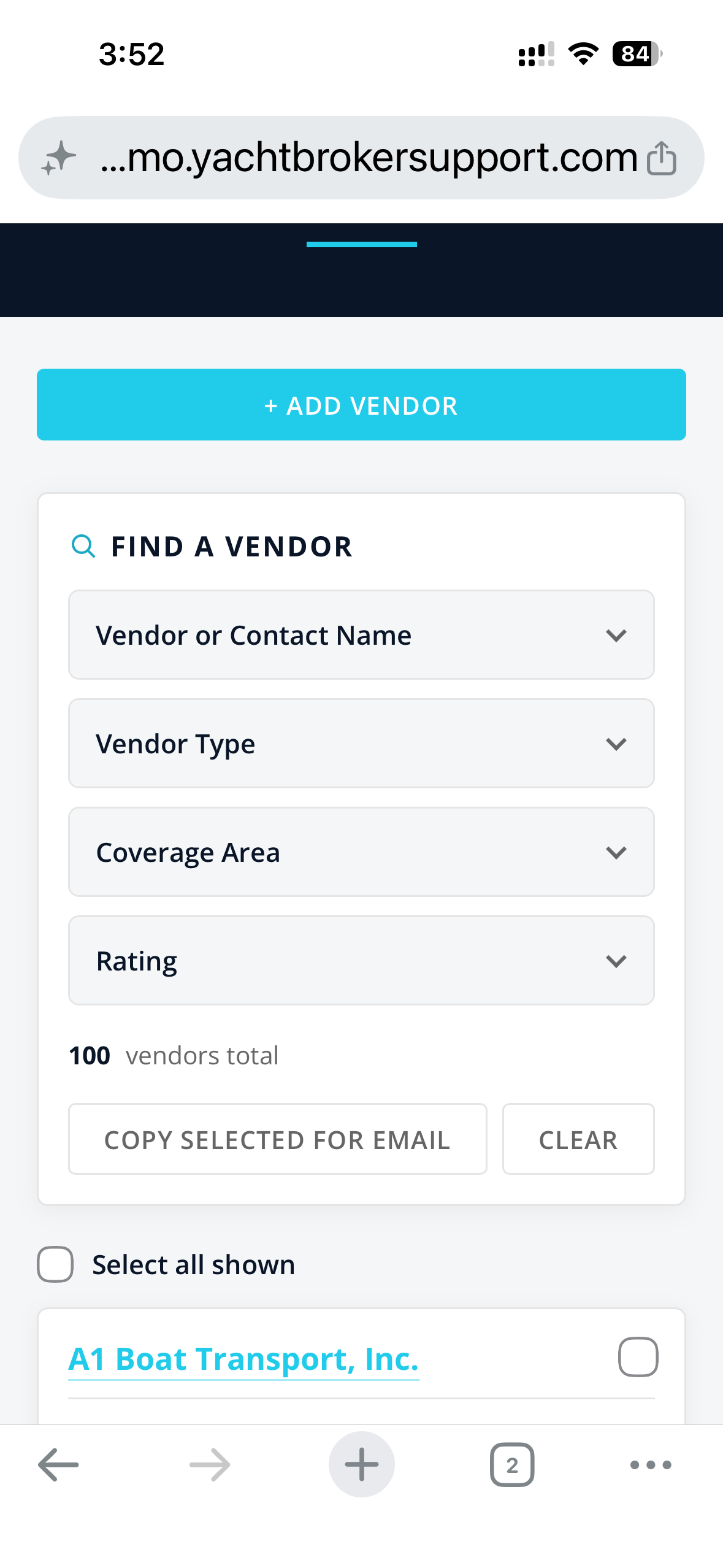 Vendor Database main screen