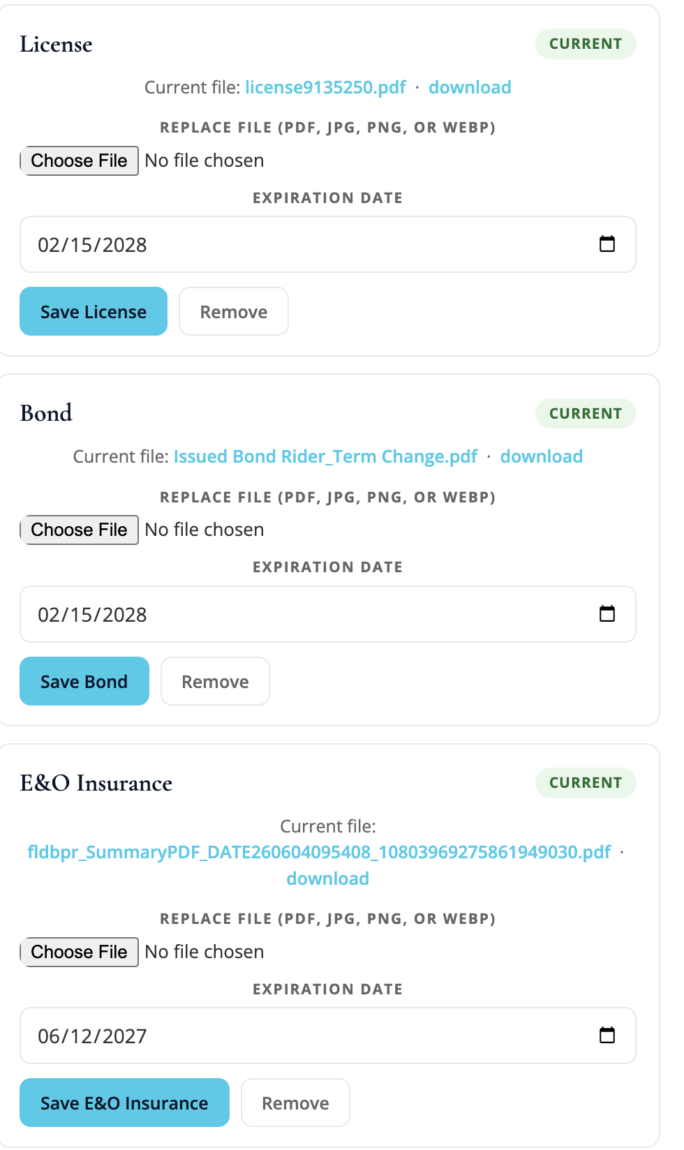 Licensing, Bond and E&O section in My Profile